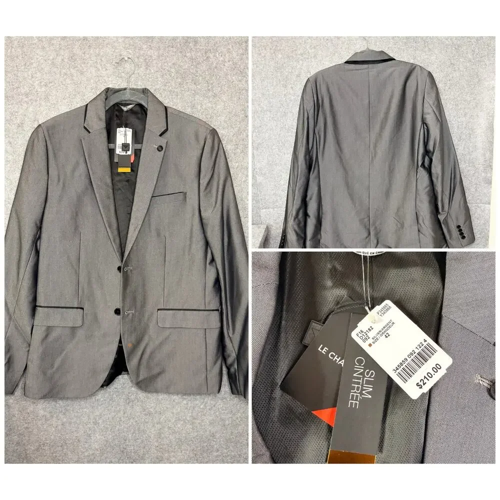 Le Chateau Men's 3 Piece Suit 42 Blazer & 34 Pants with Vest L Gray Slim Fit NWT
